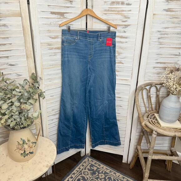 SPANX NEW Women's XL Seamed Front Wide Leg Stretch Jeans Pull On Vintage Indigo - Picture 3 of 14